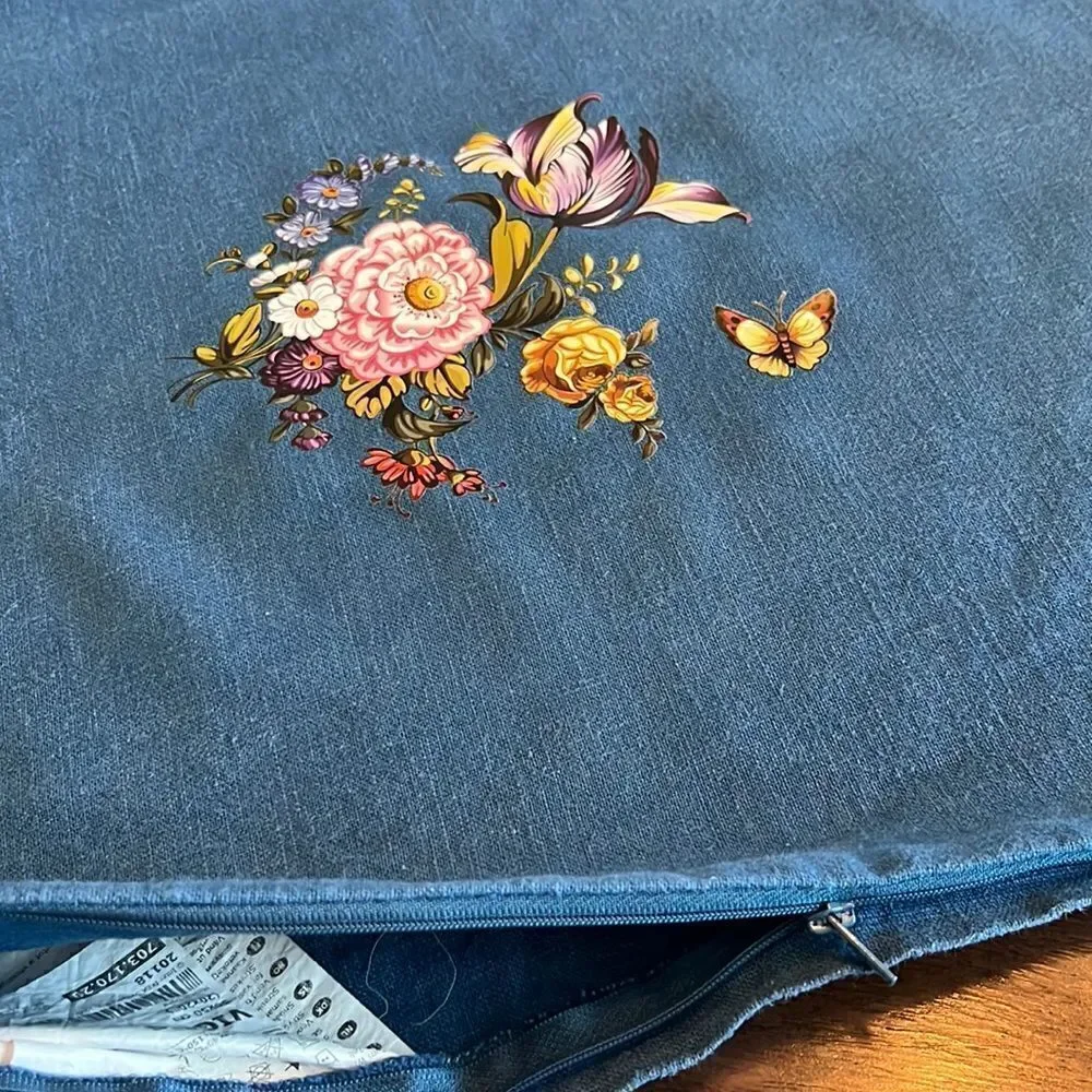 IKEA Blue Upcycled Pillow Covers w/ Floral Transfers w/ Zipper Closure- 2 pcs.